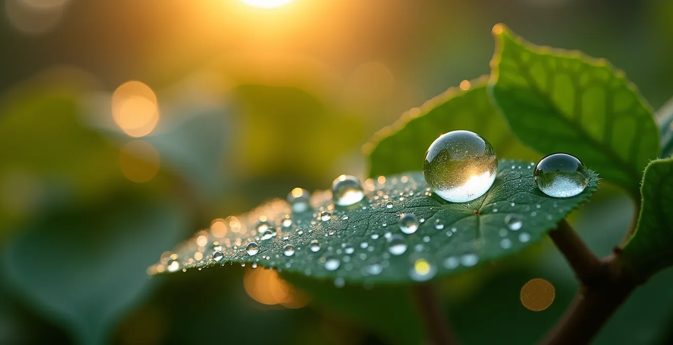 Détail macroscopique de particules industrielles interagissant avec la végétation