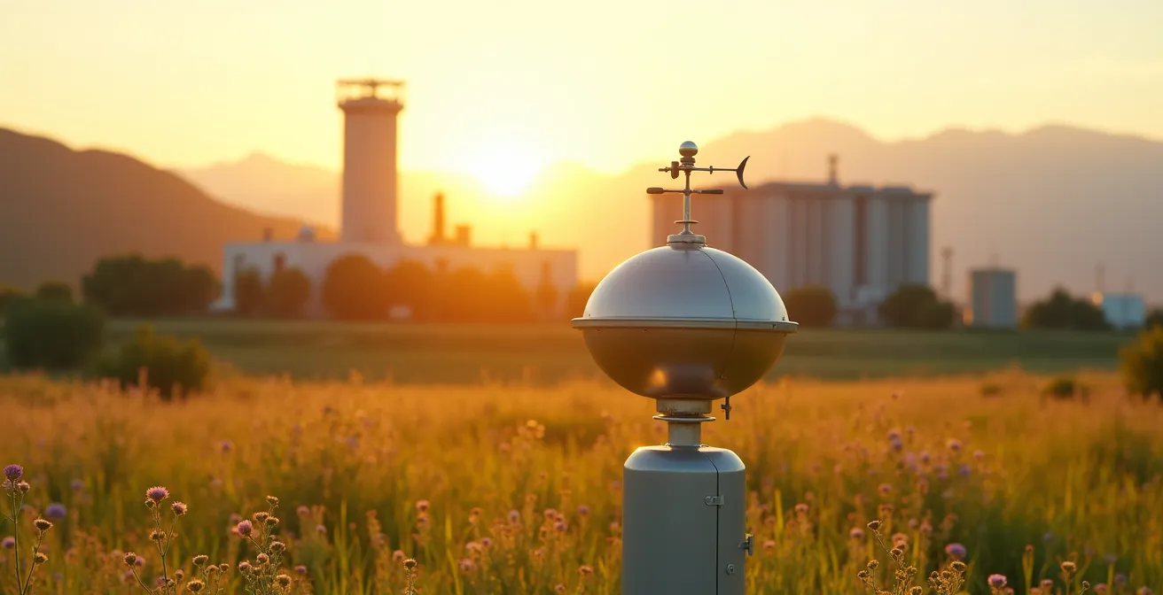 Station de surveillance environnementale mesurant la qualité de l'air dans un paysage industriel verdoyant