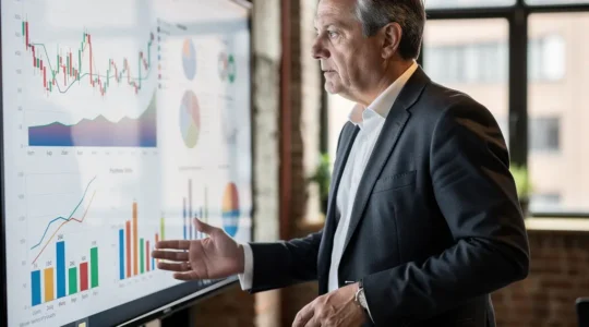 Dirigeant PME analysant tableau de bord consommation énergétique sur écran