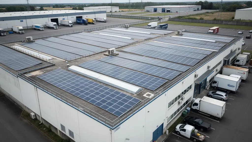 Panneaux solaires installés sur toiture d'entrepôt industriel pour autoconsommation