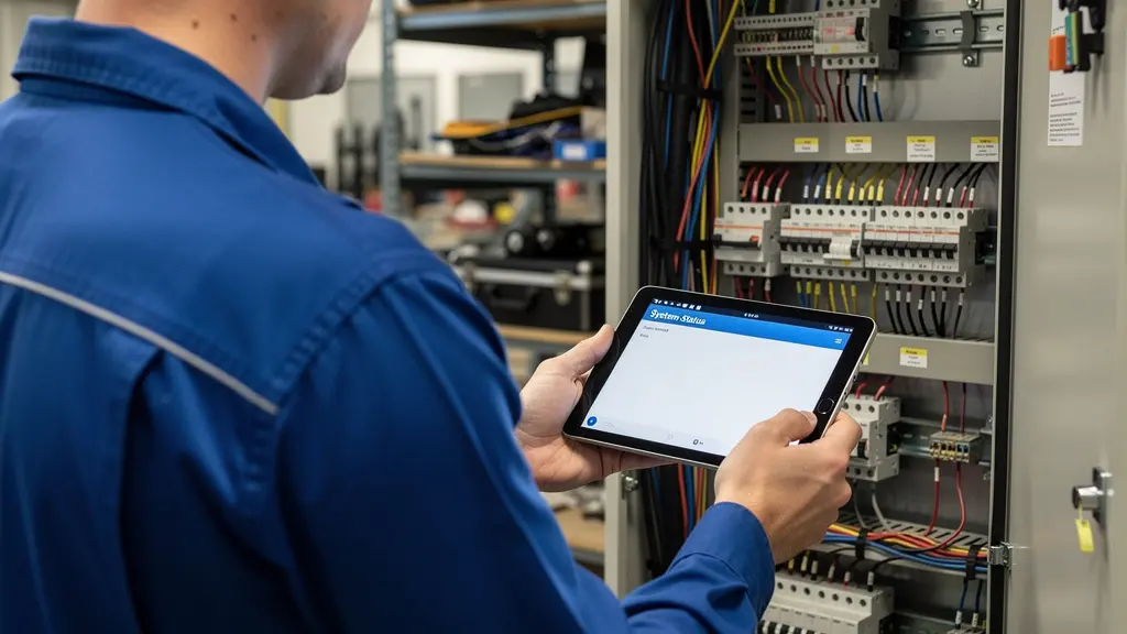 Technicien inspectant un compteur électrique industriel pour optimisation énergétique