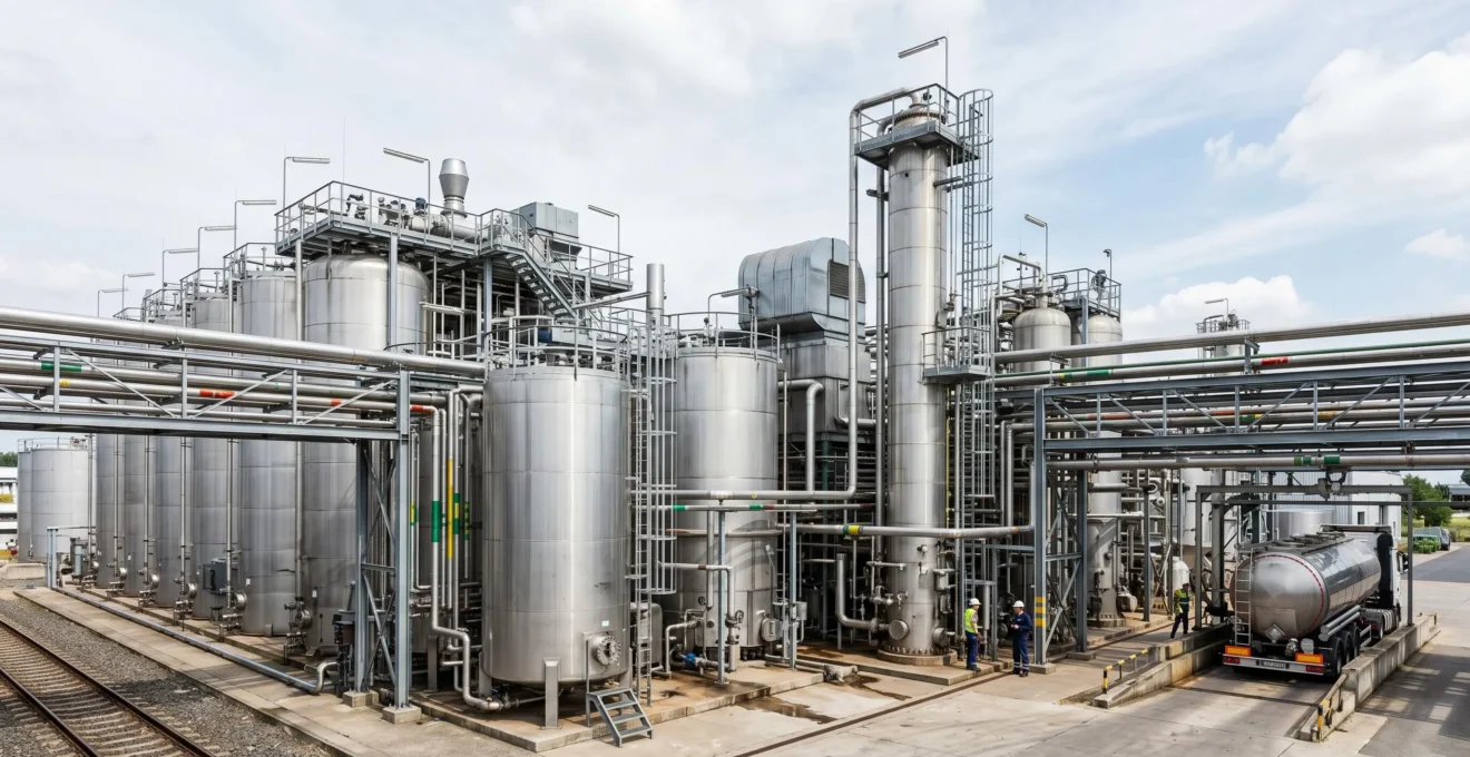 Installation industrielle de raffinage avec cuves métalliques et tuyauteries pour transformer les huiles alimentaires usagées en biocarburant certifié